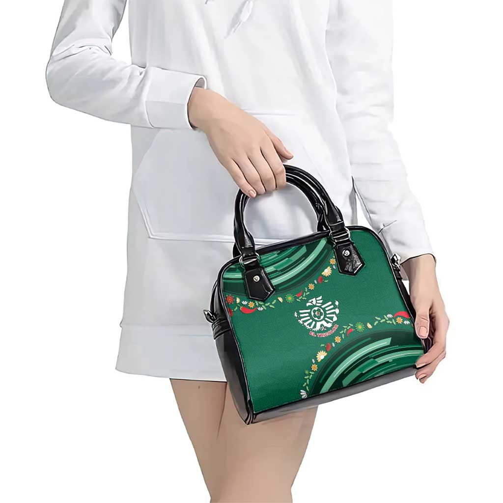 Mexico Football Shoulder Handbag Aztec Eagle With Mini Floral Patterns