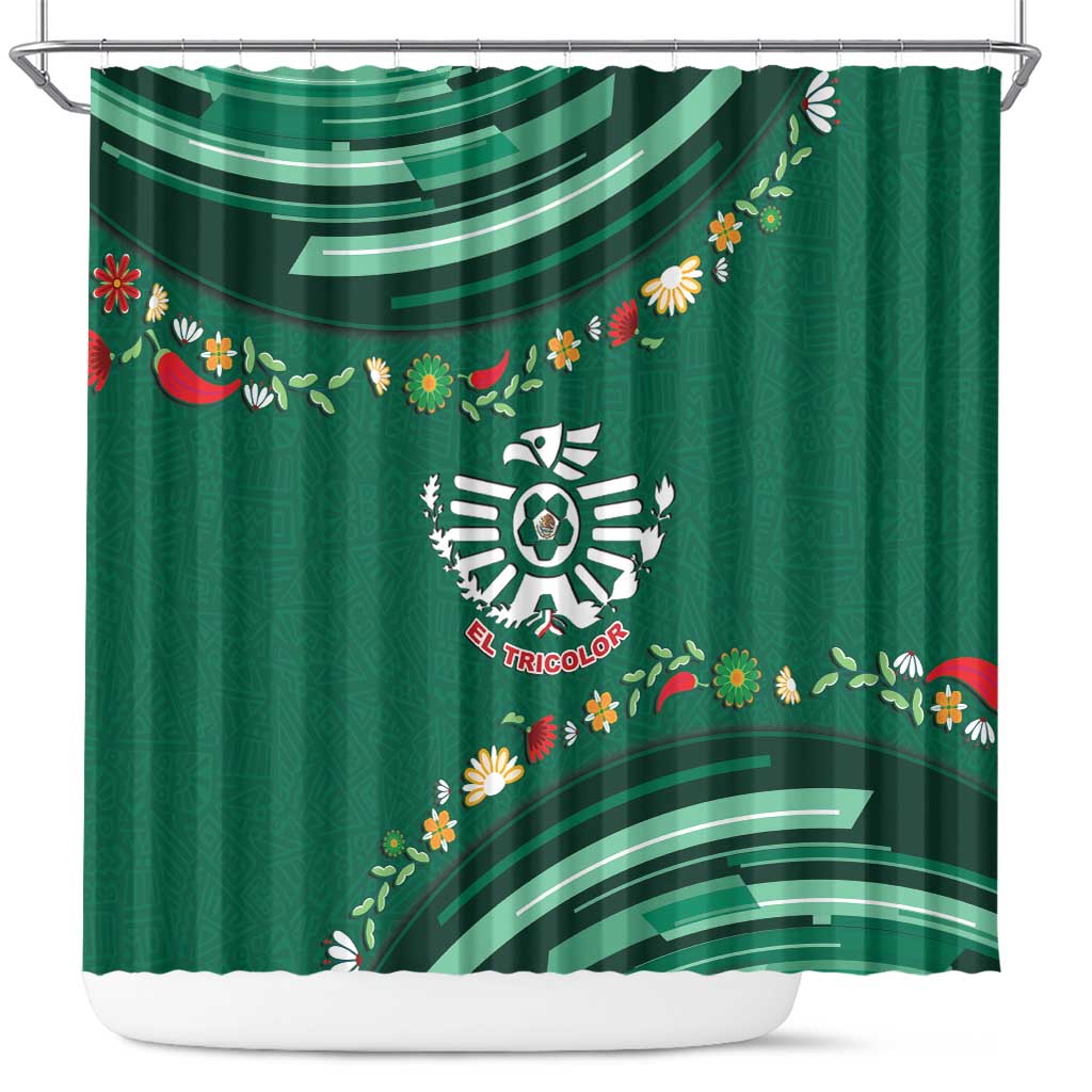 Mexico Football Shower Curtain Aztec Eagle With Mini Floral Patterns