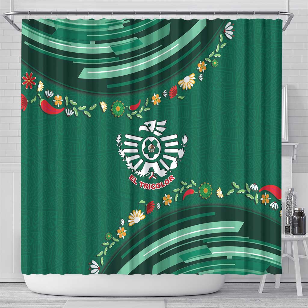 Mexico Football Shower Curtain Aztec Eagle With Mini Floral Patterns