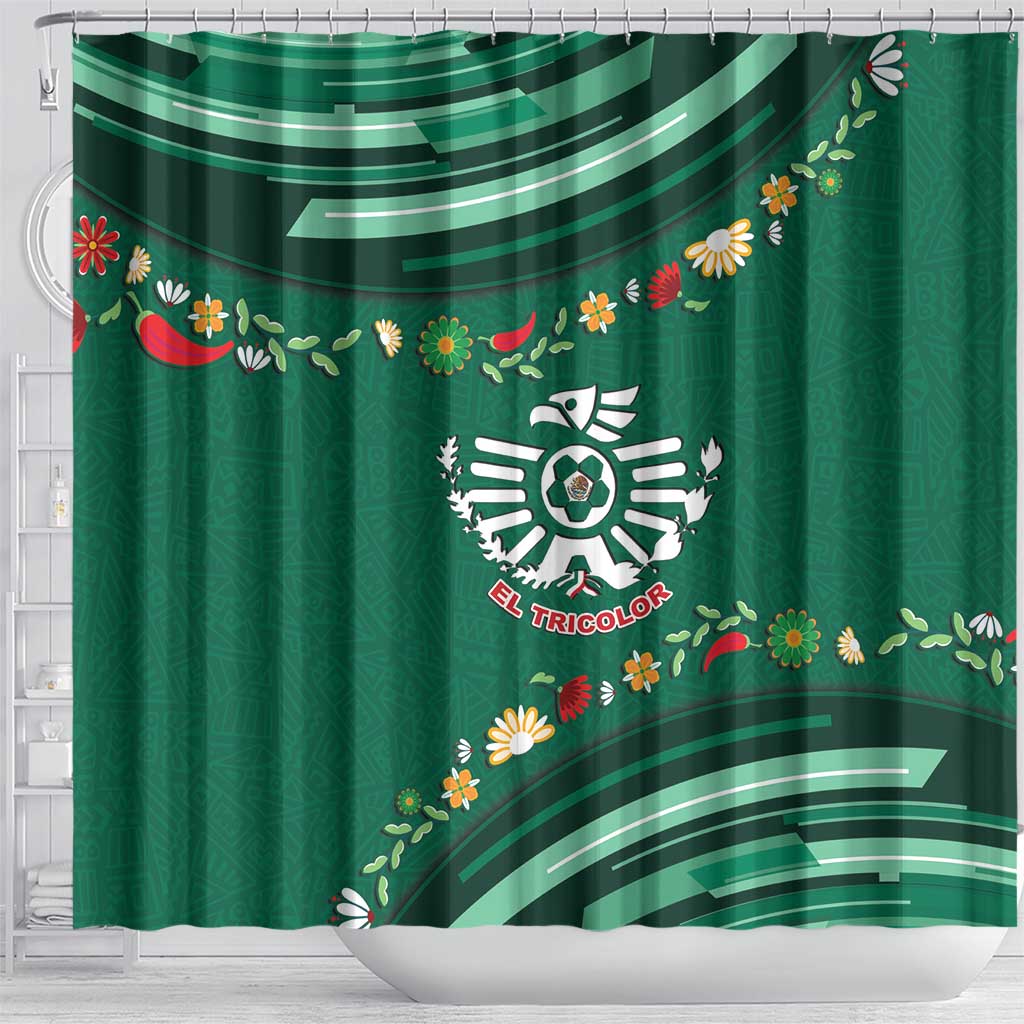 Mexico Football Shower Curtain Aztec Eagle With Mini Floral Patterns