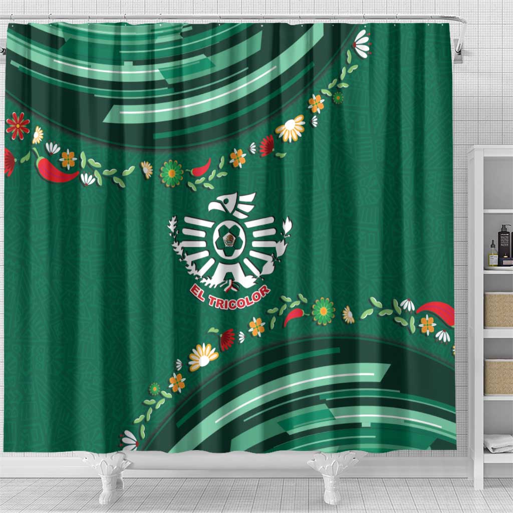 Mexico Football Shower Curtain Aztec Eagle With Mini Floral Patterns