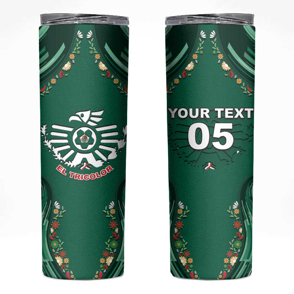 Custom Mexico Football Skinny Tumbler Aztec Eagle With Mini Floral Patterns