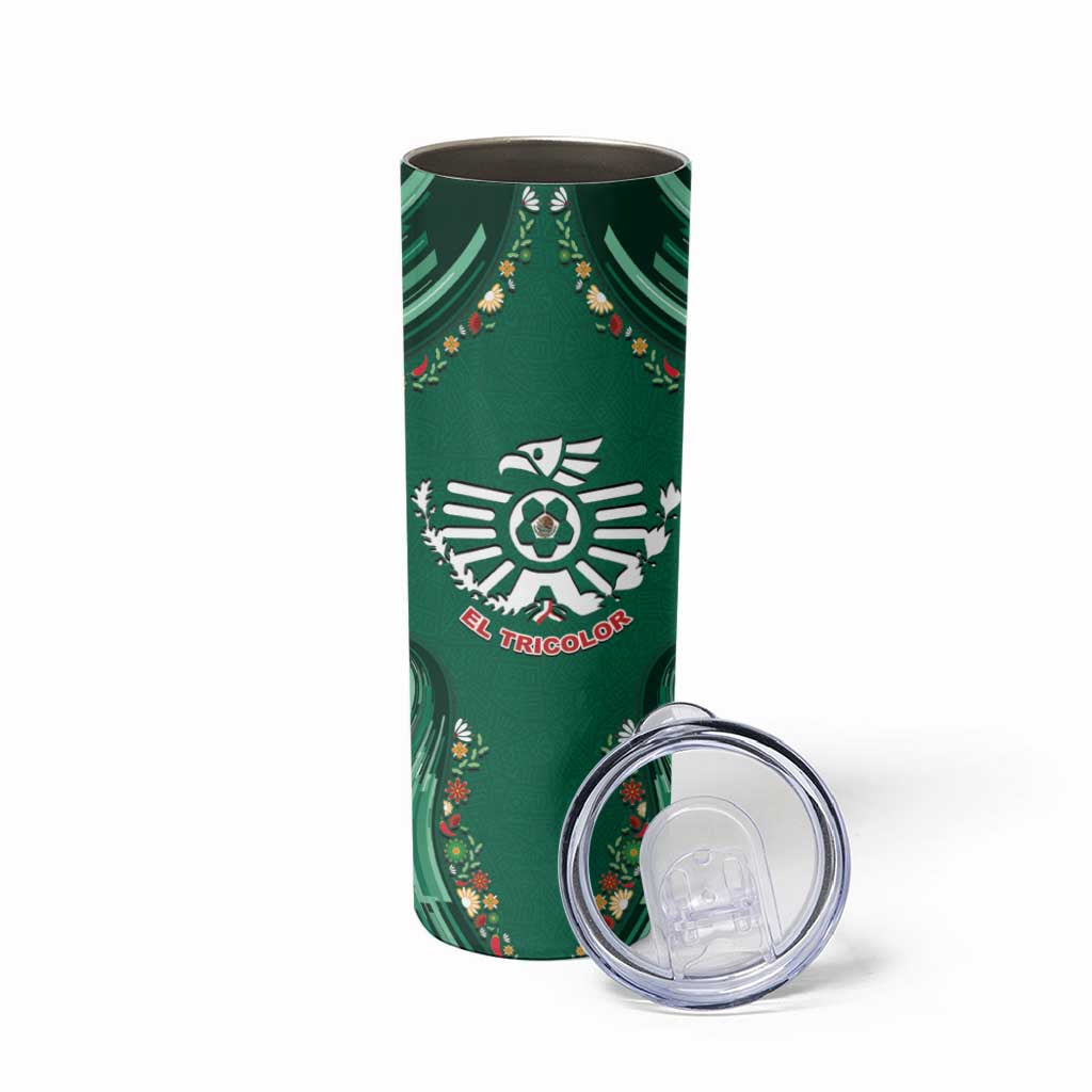 Custom Mexico Football Skinny Tumbler Aztec Eagle With Mini Floral Patterns