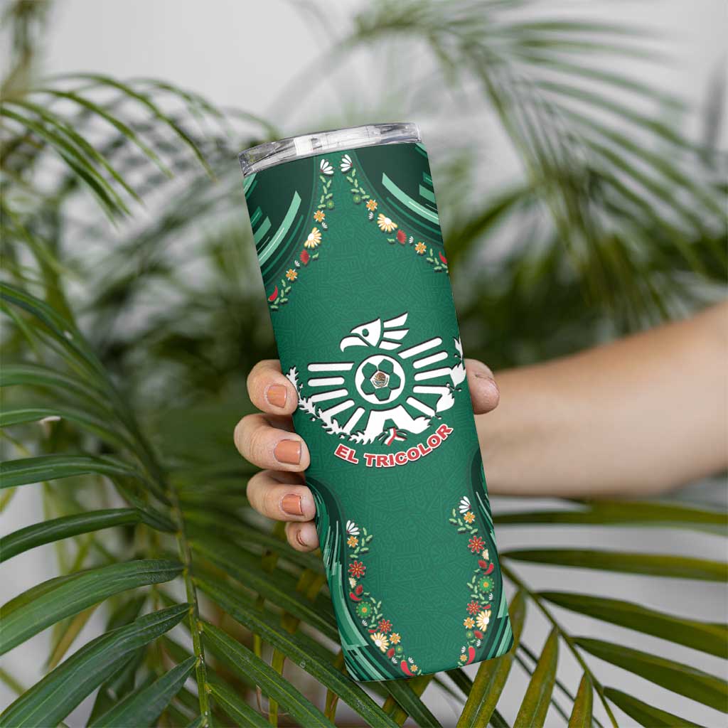 Custom Mexico Football Skinny Tumbler Aztec Eagle With Mini Floral Patterns