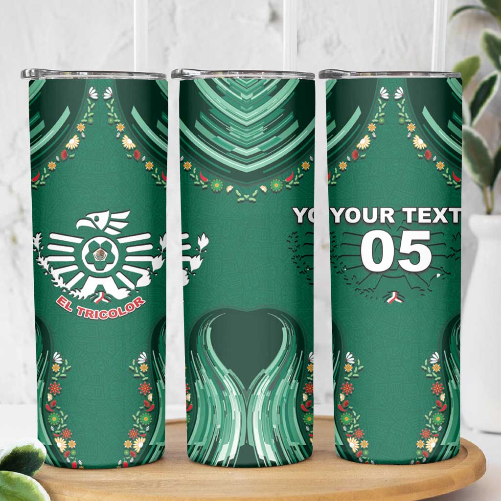 Custom Mexico Football Skinny Tumbler Aztec Eagle With Mini Floral Patterns