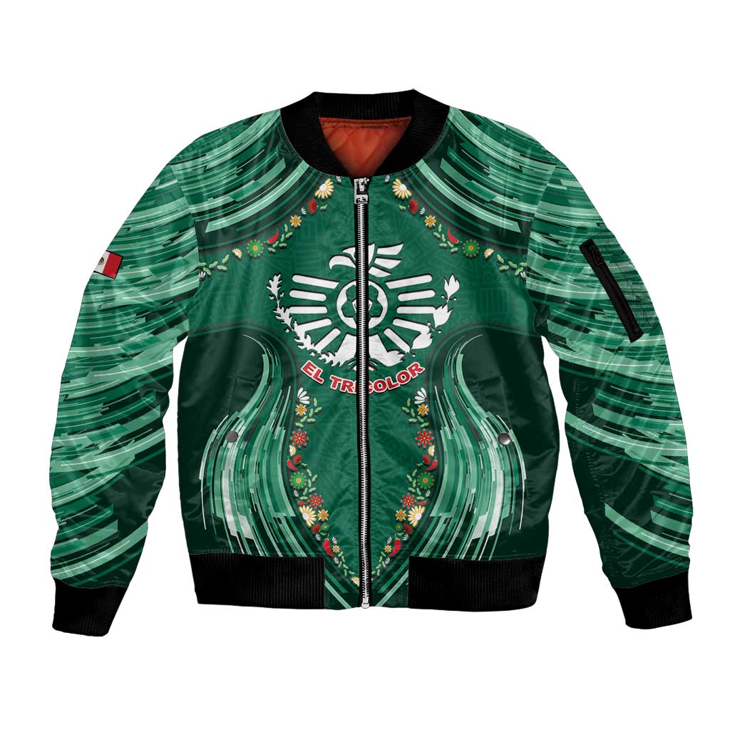 Custom Mexico Football Sleeve Zip Bomber Jacket Aztec Eagle With Mini Floral Patterns