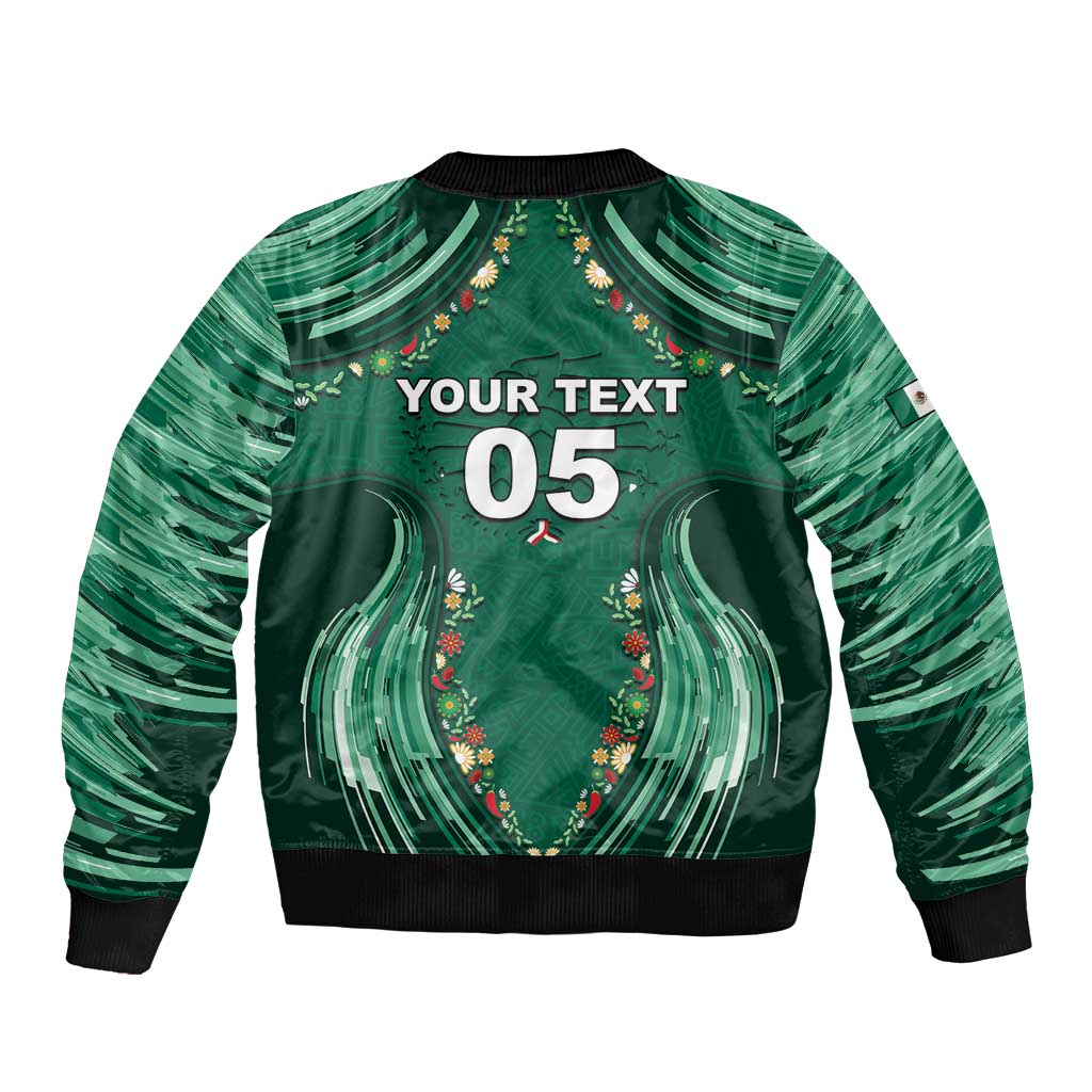 Custom Mexico Football Sleeve Zip Bomber Jacket Aztec Eagle With Mini Floral Patterns