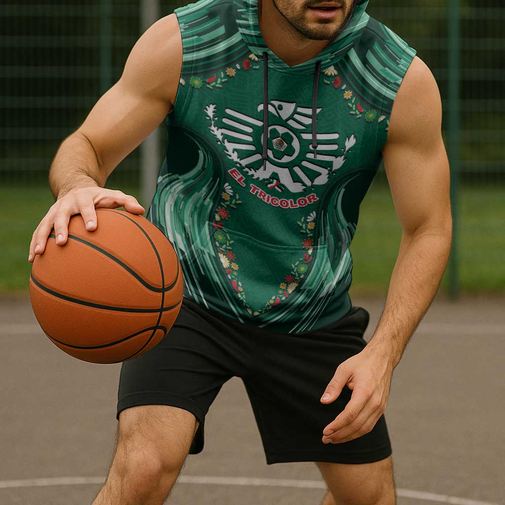 Custom Mexico Football Sleeveless Hoodie Aztec Eagle With Mini Floral Patterns