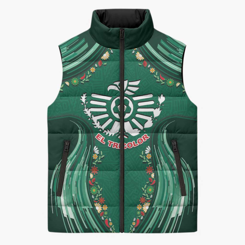 Custom Mexico Football Sleeveless Puffer Jacket Aztec Eagle With Mini Floral Patterns