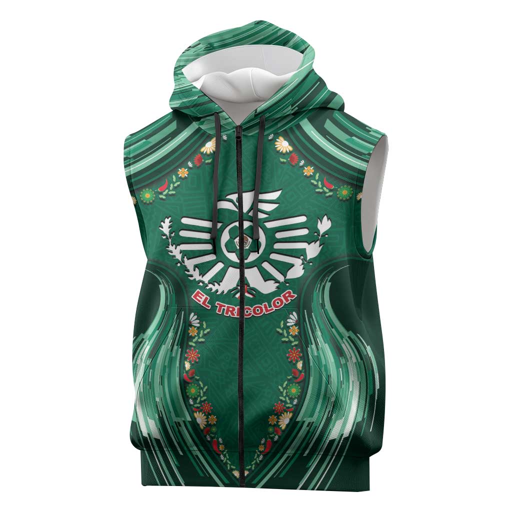 Custom Mexico Football Sleeveless Zip Hoodie Aztec Eagle With Mini Floral Patterns