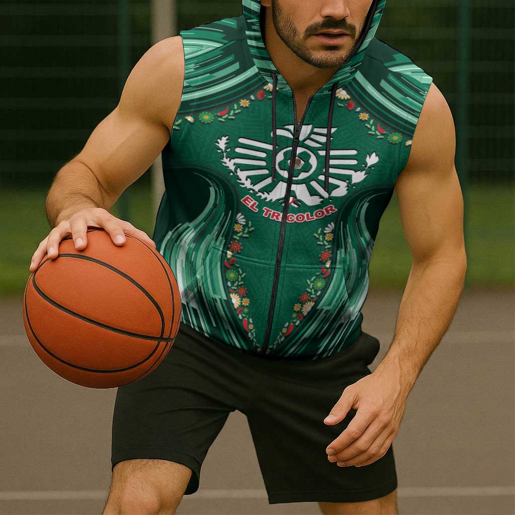 Custom Mexico Football Sleeveless Zip Hoodie Aztec Eagle With Mini Floral Patterns