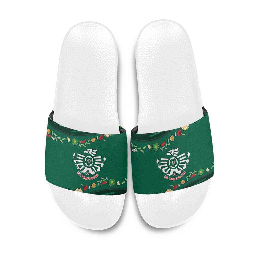 Mexico Football Slide Sandals Aztec Eagle With Mini Floral Patterns
