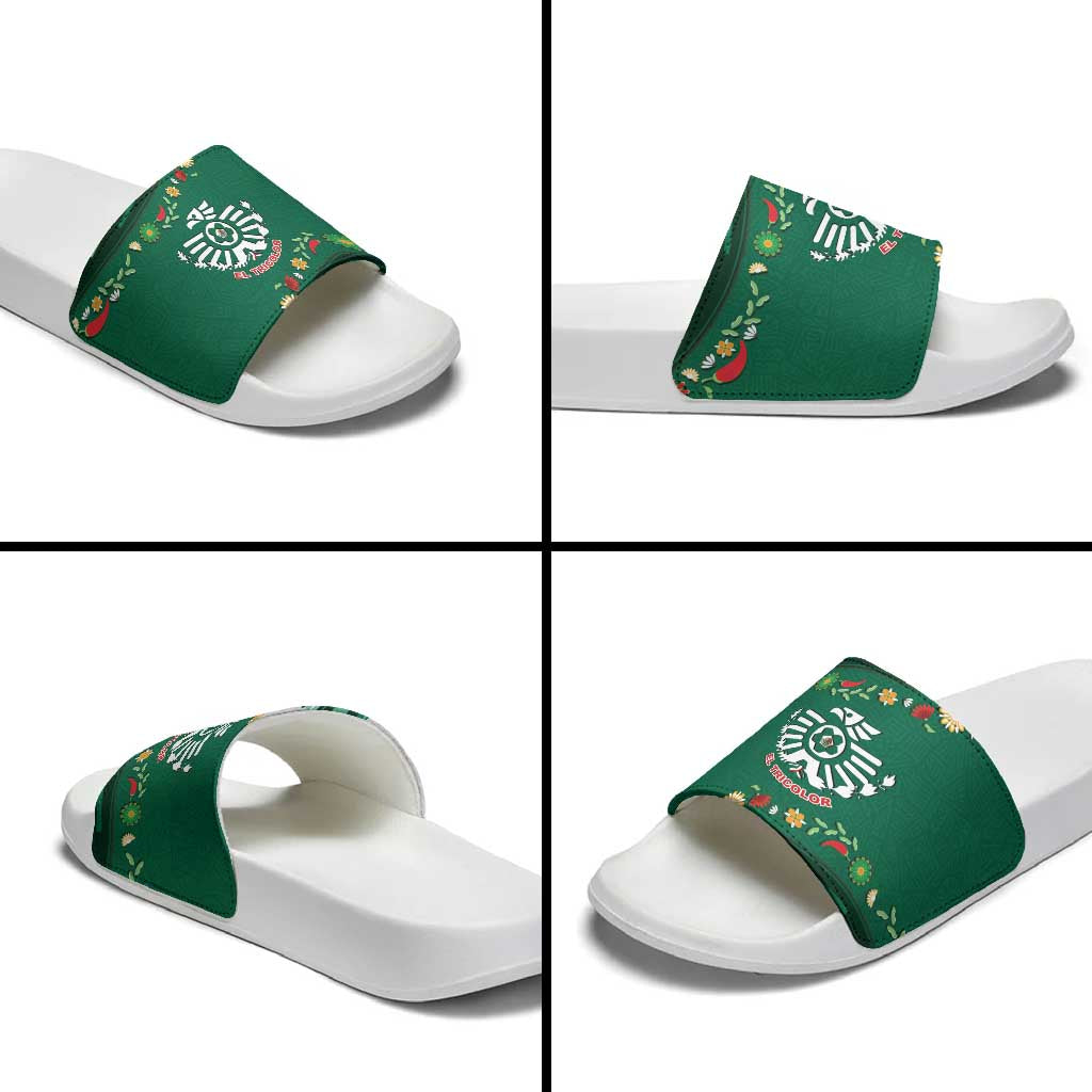 Mexico Football Slide Sandals Aztec Eagle With Mini Floral Patterns