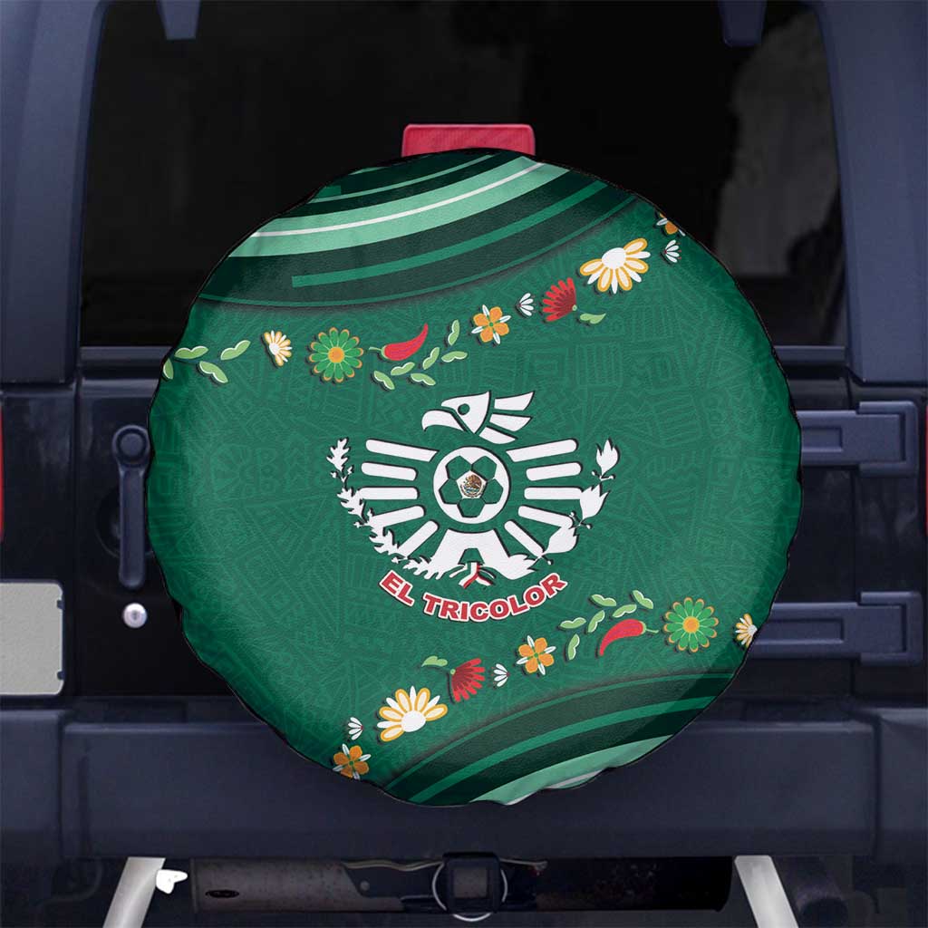 Mexico Football Spare Tire Cover Aztec Eagle With Mini Floral Patterns