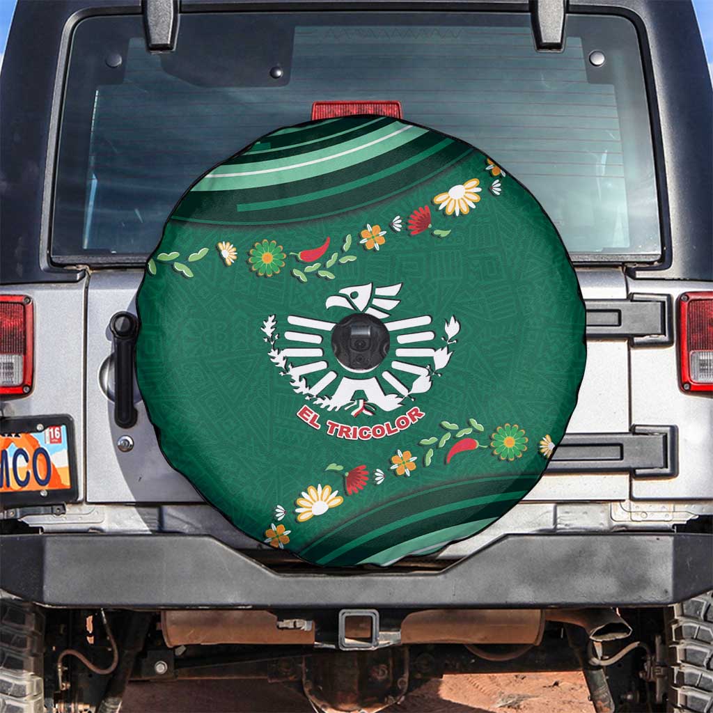 Mexico Football Spare Tire Cover Aztec Eagle With Mini Floral Patterns