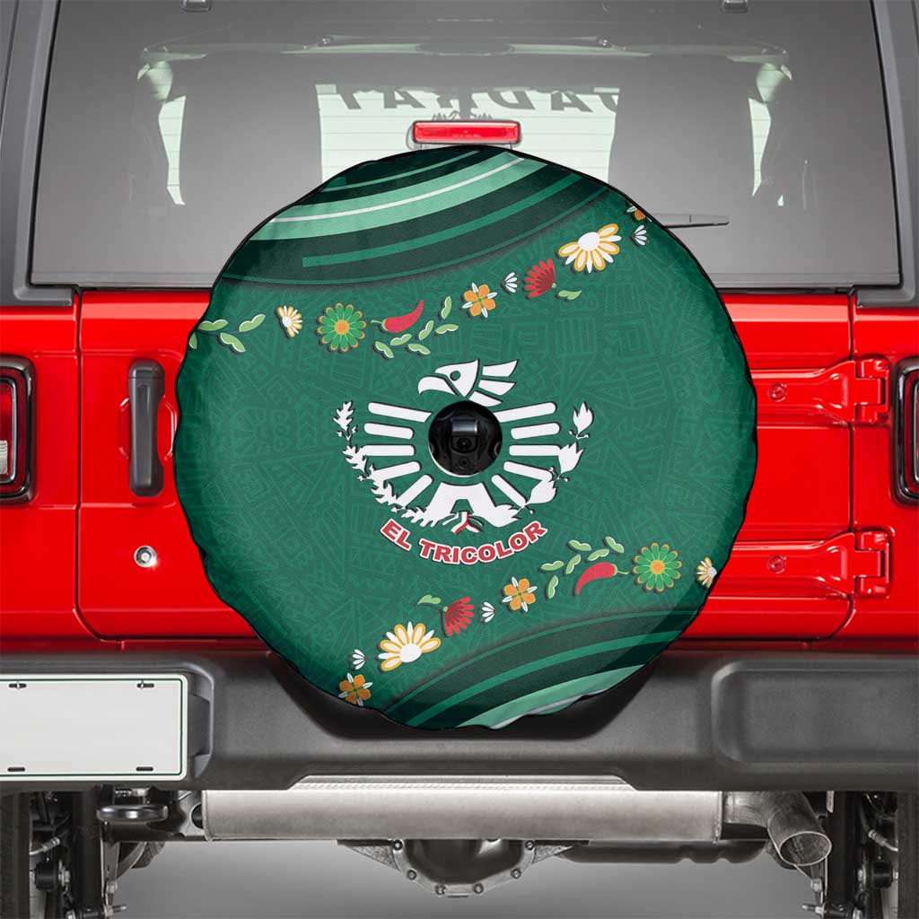 Mexico Football Spare Tire Cover Aztec Eagle With Mini Floral Patterns