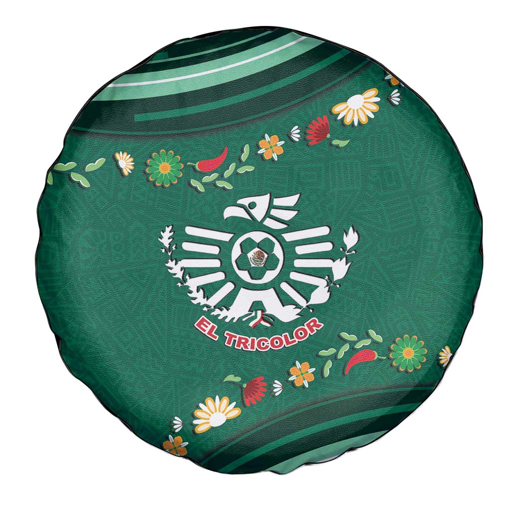 Mexico Football Spare Tire Cover Aztec Eagle With Mini Floral Patterns