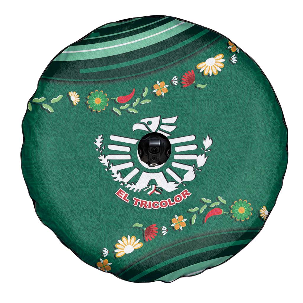 Mexico Football Spare Tire Cover Aztec Eagle With Mini Floral Patterns