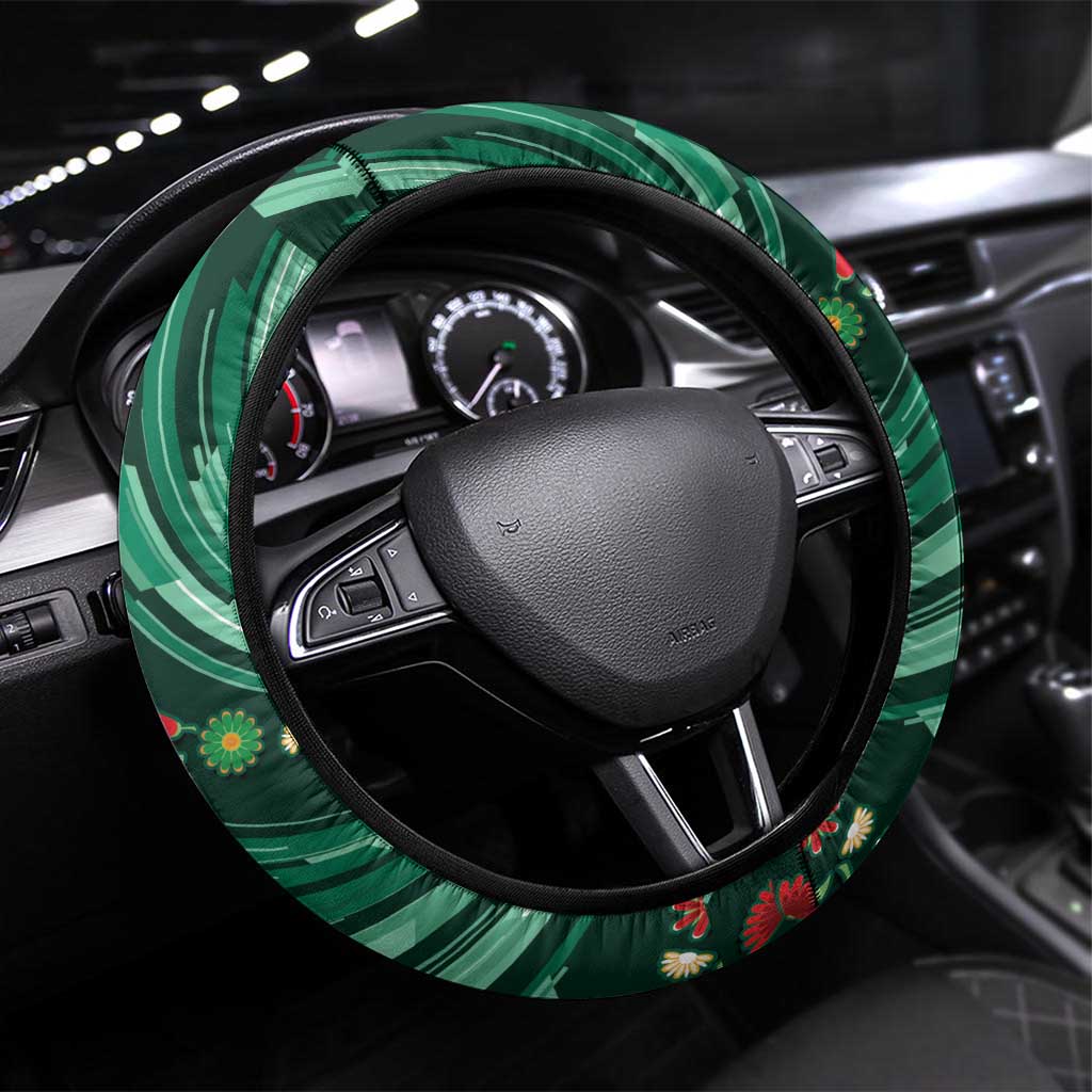 Mexico Football Steering Wheel Cover Aztec Eagle With Mini Floral Patterns