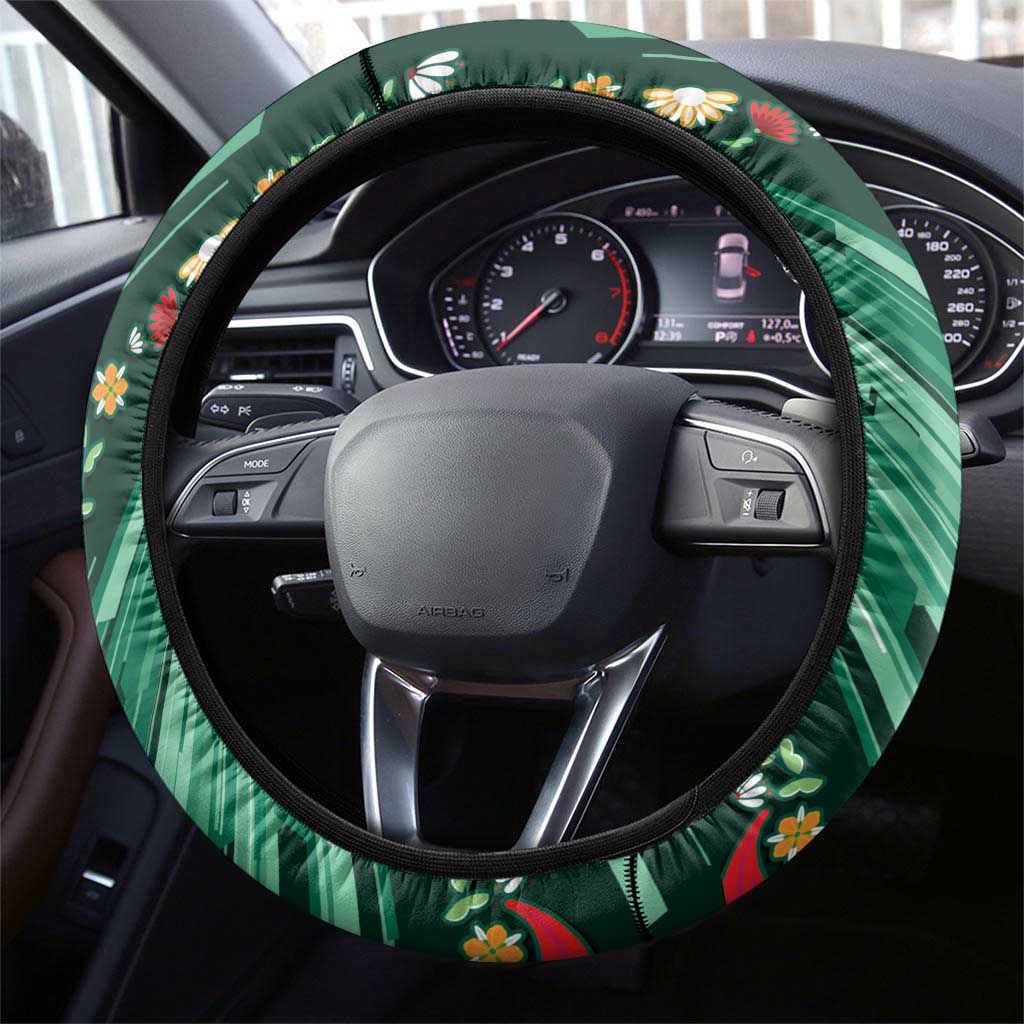 Mexico Football Steering Wheel Cover Aztec Eagle With Mini Floral Patterns