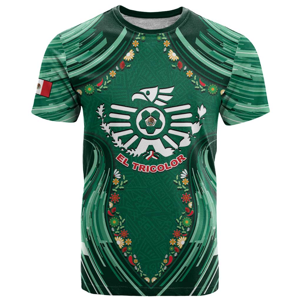 Custom Mexico Football T Shirt Aztec Eagle With Mini Floral Patterns