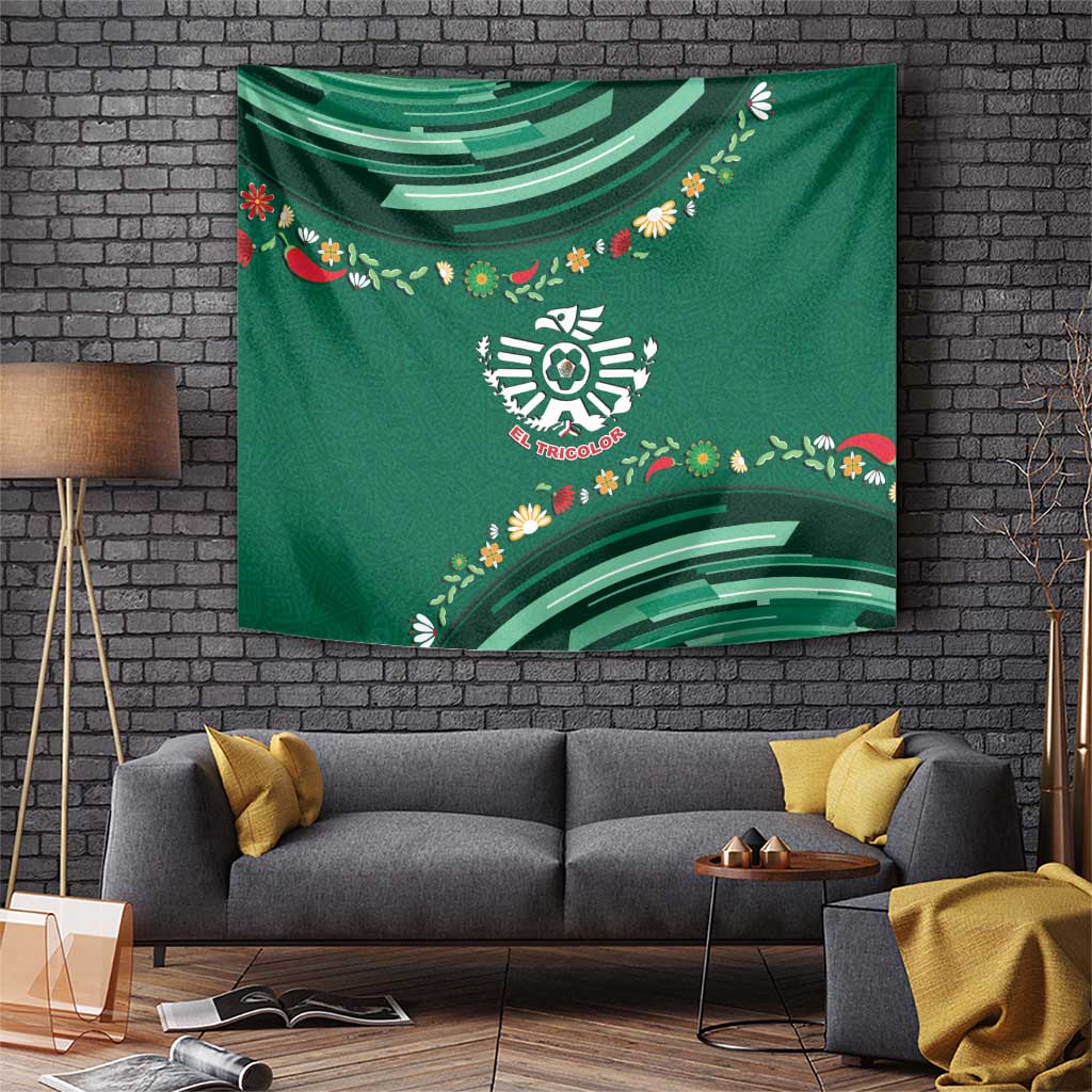 Mexico Football Tapestry Aztec Eagle With Mini Floral Patterns