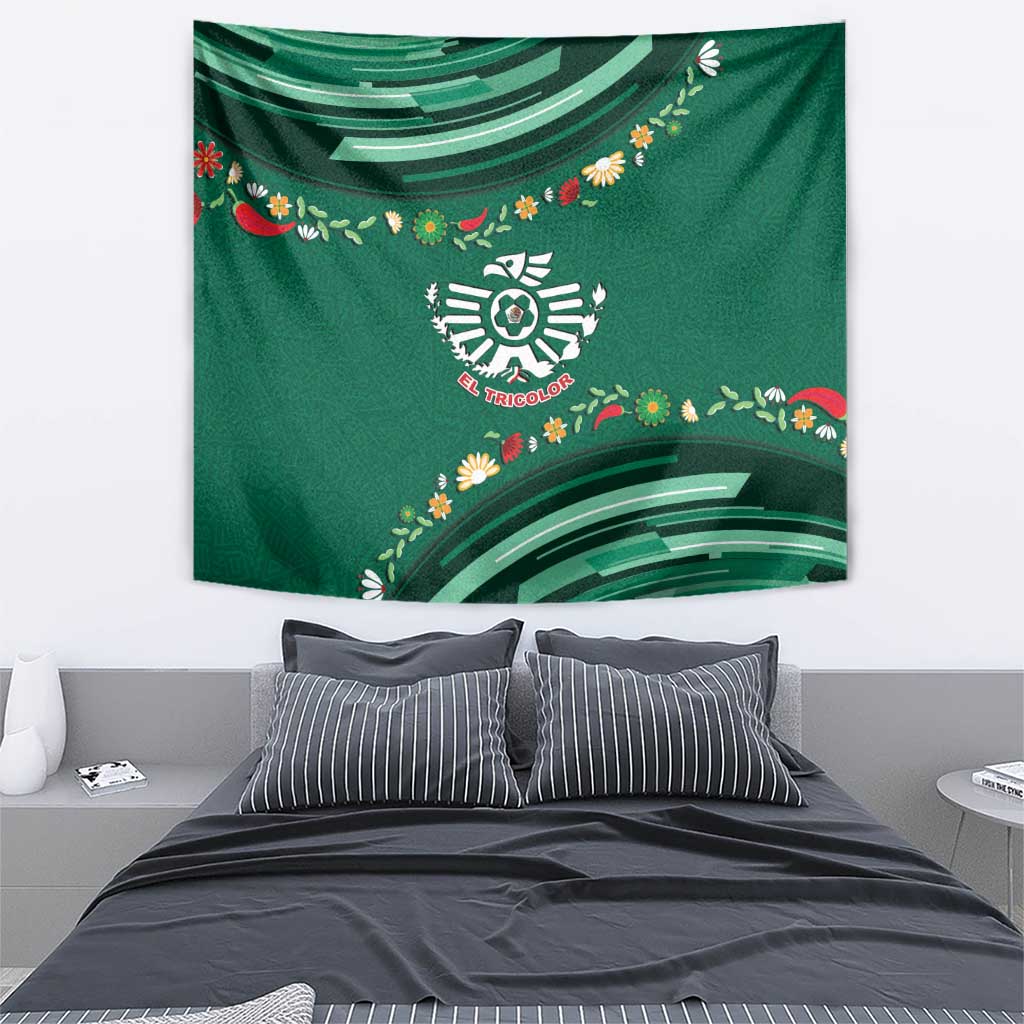 Mexico Football Tapestry Aztec Eagle With Mini Floral Patterns