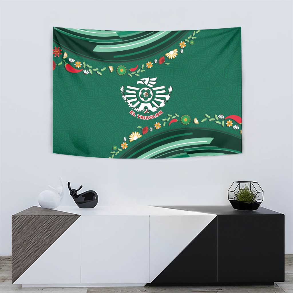 Mexico Football Tapestry Aztec Eagle With Mini Floral Patterns