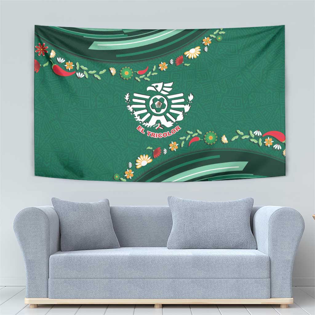 Mexico Football Tapestry Aztec Eagle With Mini Floral Patterns