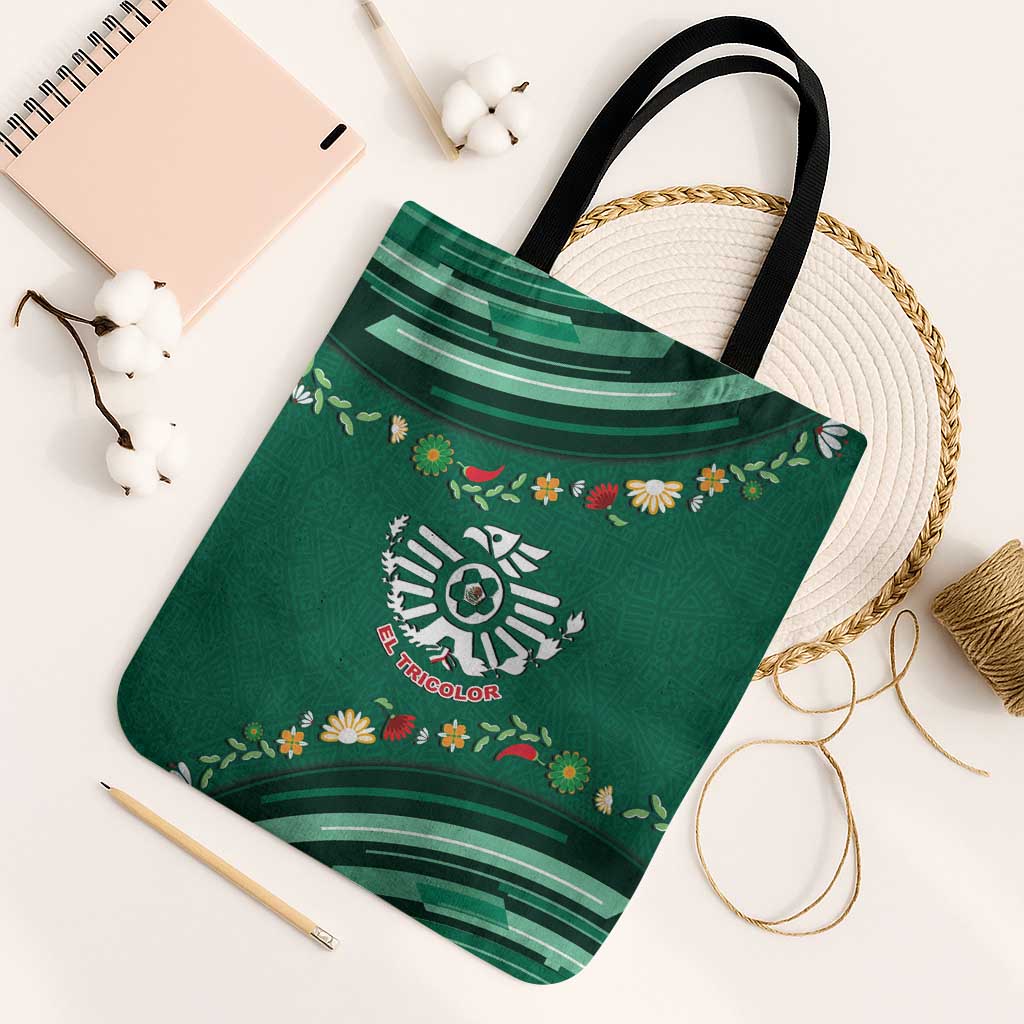 Mexico Football Tote Bag Aztec Eagle With Mini Floral Patterns