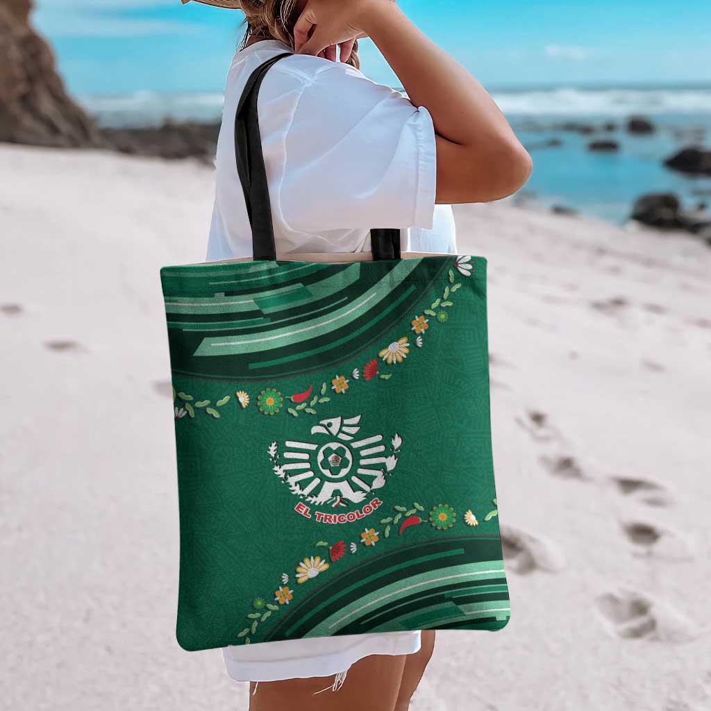 Mexico Football Tote Bag Aztec Eagle With Mini Floral Patterns
