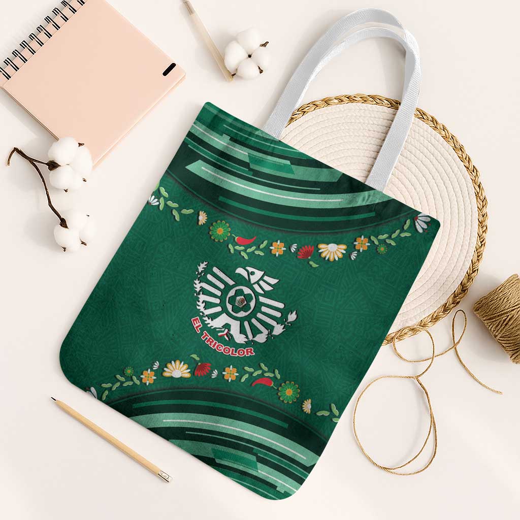Mexico Football Tote Bag Aztec Eagle With Mini Floral Patterns