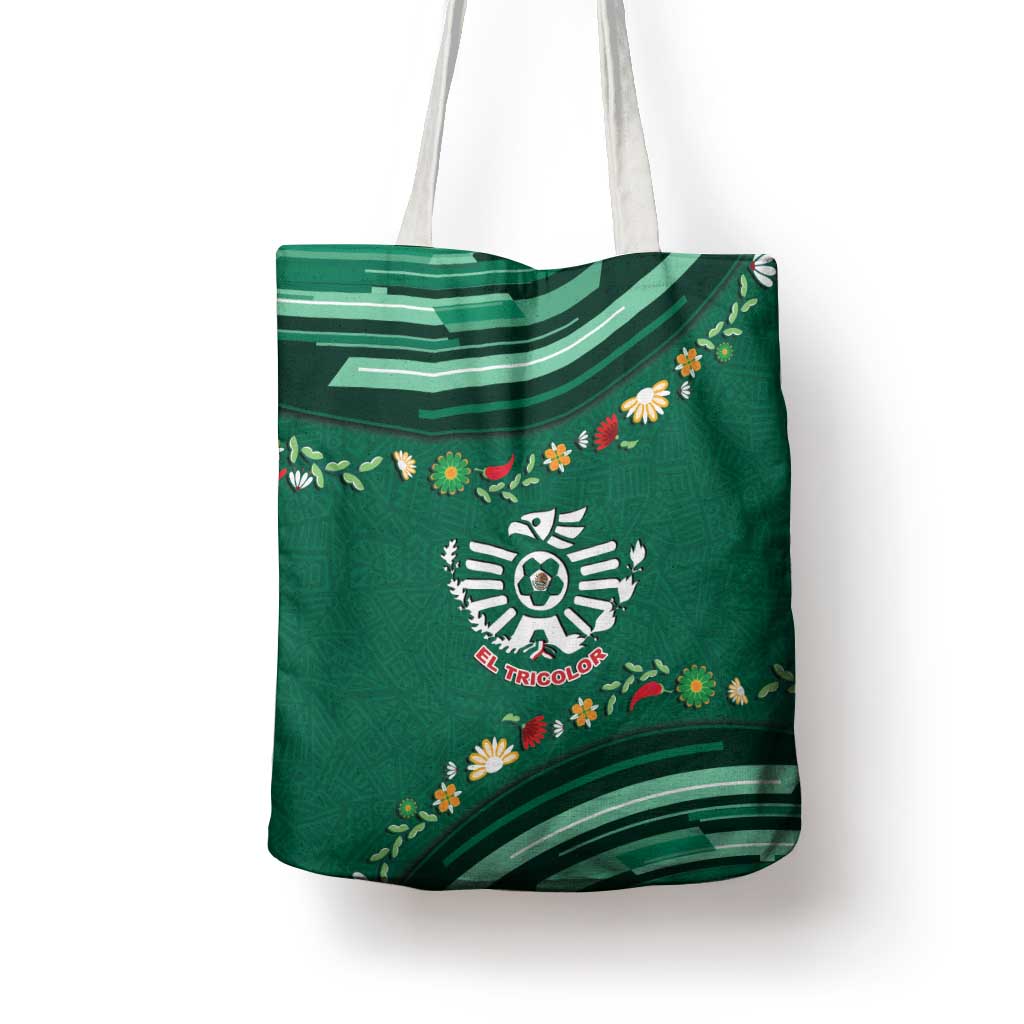 Mexico Football Tote Bag Aztec Eagle With Mini Floral Patterns