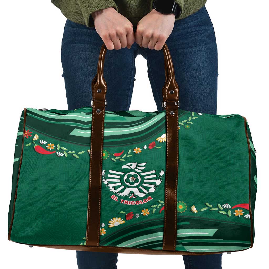 Mexico Football Travel Bag Aztec Eagle With Mini Floral Patterns