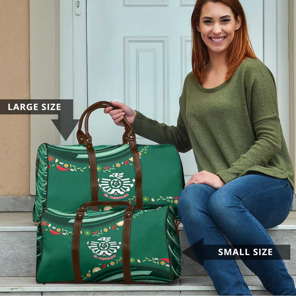 Mexico Football Travel Bag Aztec Eagle With Mini Floral Patterns