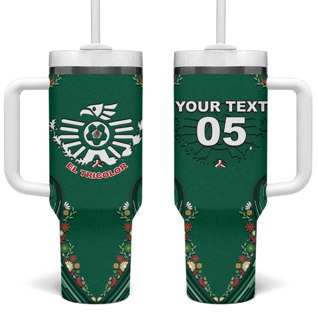Custom Mexico Football Tumbler With Handle Aztec Eagle With Mini Floral Patterns