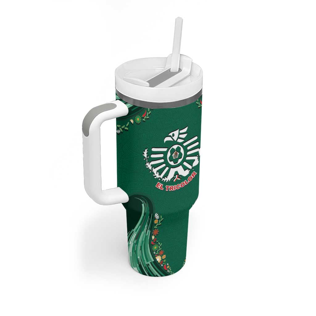 Custom Mexico Football Tumbler With Handle Aztec Eagle With Mini Floral Patterns