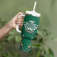 Custom Mexico Football Tumbler With Handle Aztec Eagle With Mini Floral Patterns