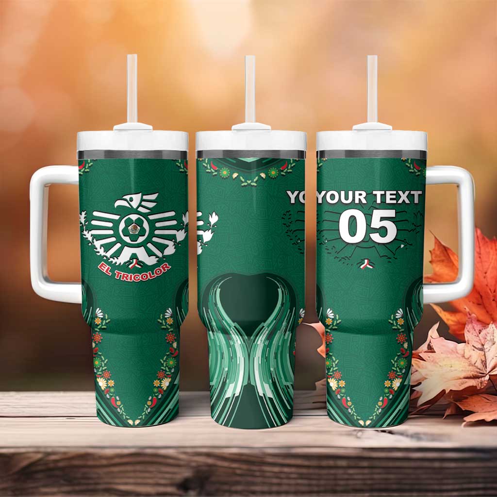 Custom Mexico Football Tumbler With Handle Aztec Eagle With Mini Floral Patterns