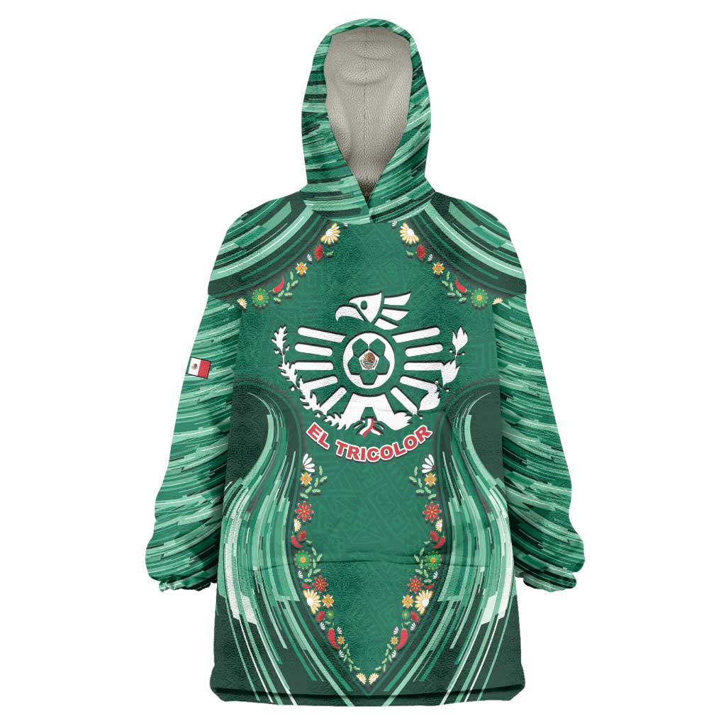 Custom Mexico Football Wearable Blanket Hoodie Aztec Eagle With Mini Floral Patterns