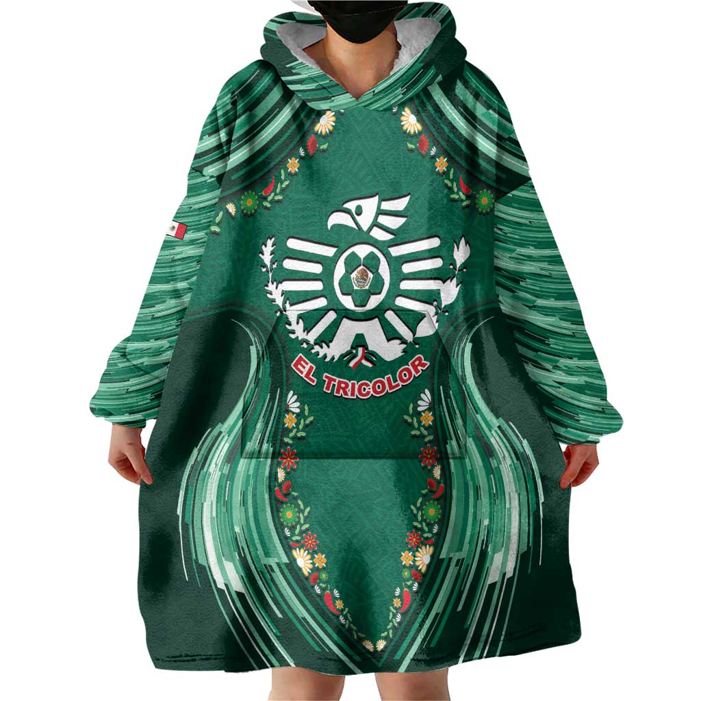 Custom Mexico Football Wearable Blanket Hoodie Aztec Eagle With Mini Floral Patterns