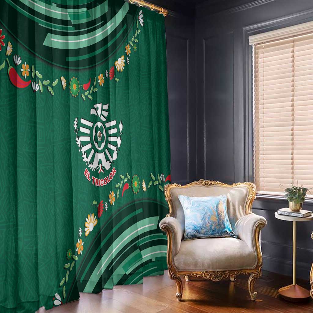 Mexico Football Window Curtain Aztec Eagle With Mini Floral Patterns