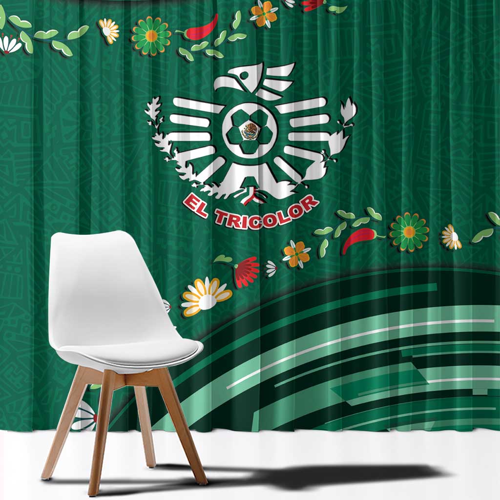 Mexico Football Window Curtain Aztec Eagle With Mini Floral Patterns