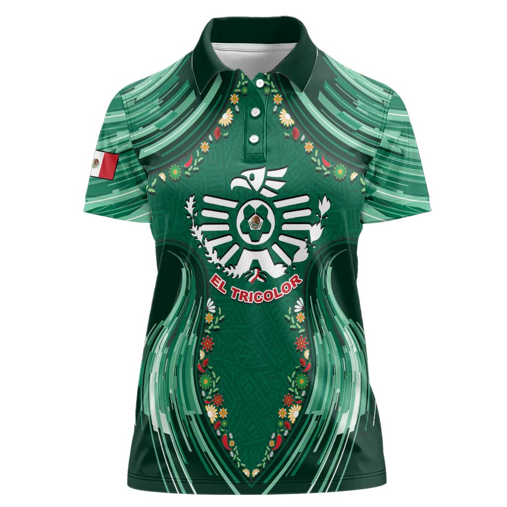 Custom Mexico Football Women Polo Shirt Aztec Eagle With Mini Floral Patterns