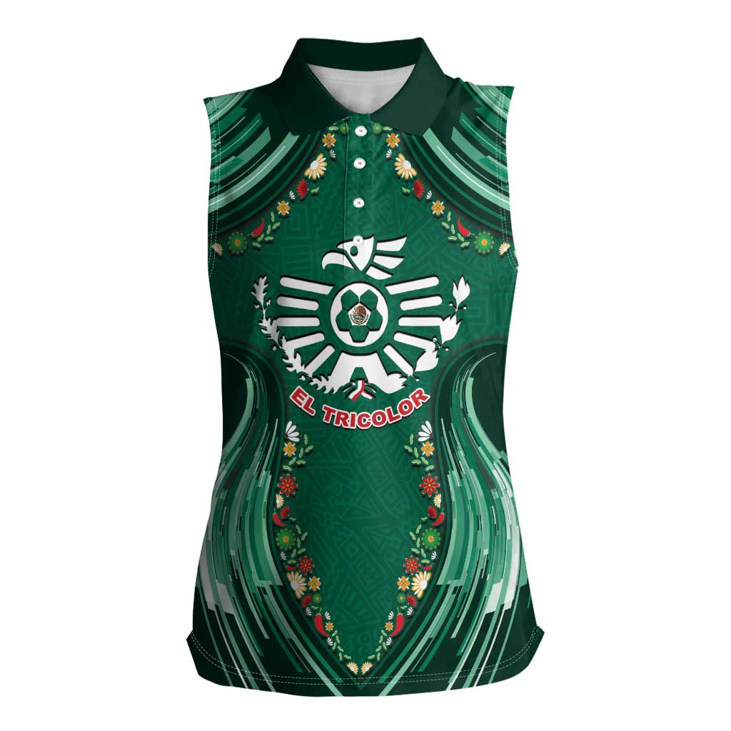 Custom Mexico Football Women Sleeveless Polo Shirt Aztec Eagle With Mini Floral Patterns