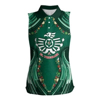 Custom Mexico Football Women Sleeveless Polo Shirt Aztec Eagle With Mini Floral Patterns