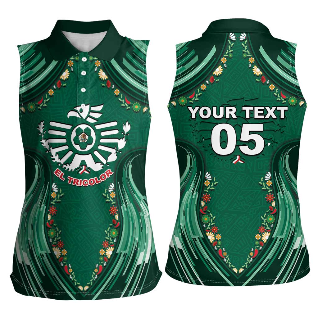 Custom Mexico Football Women Sleeveless Polo Shirt Aztec Eagle With Mini Floral Patterns
