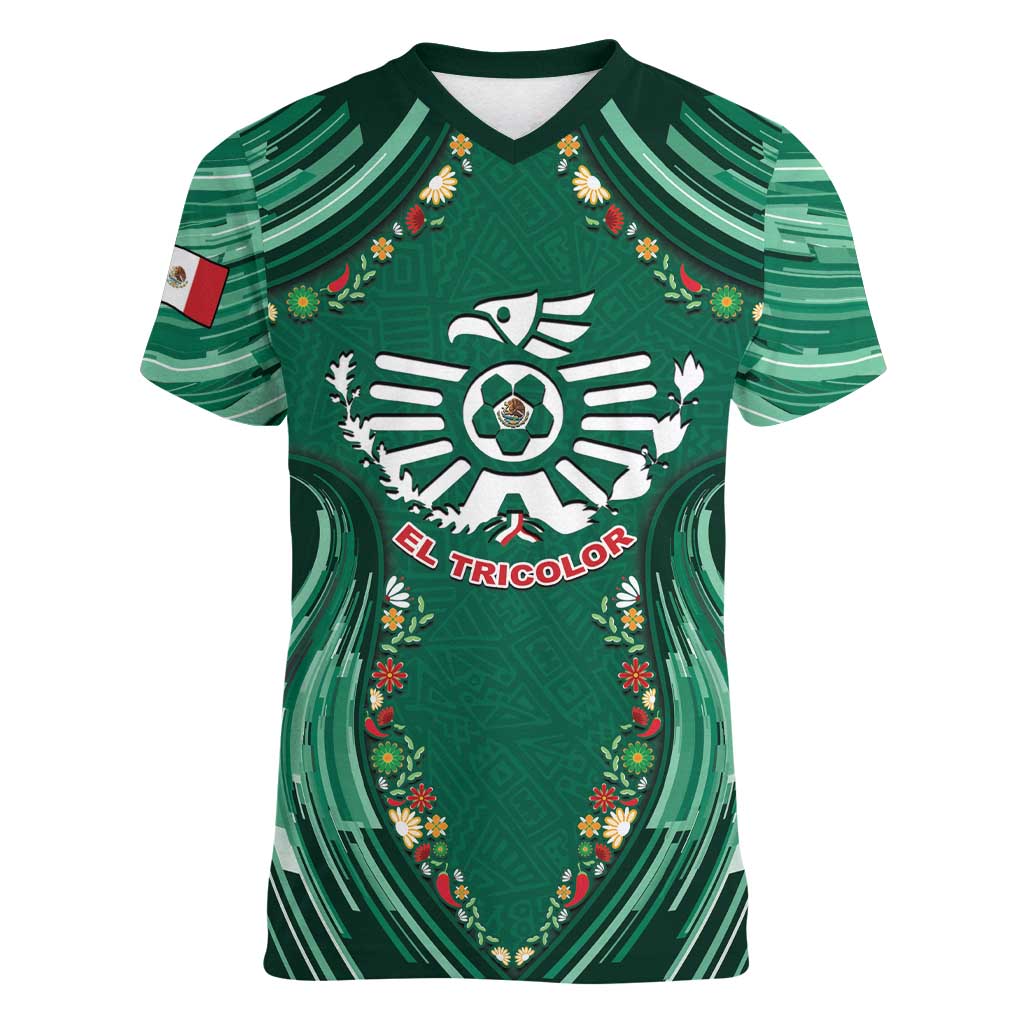 Custom Mexico Football Women V-Neck T-Shirt Aztec Eagle With Mini Floral Patterns