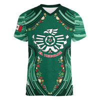 Custom Mexico Football Women V-Neck T-Shirt Aztec Eagle With Mini Floral Patterns
