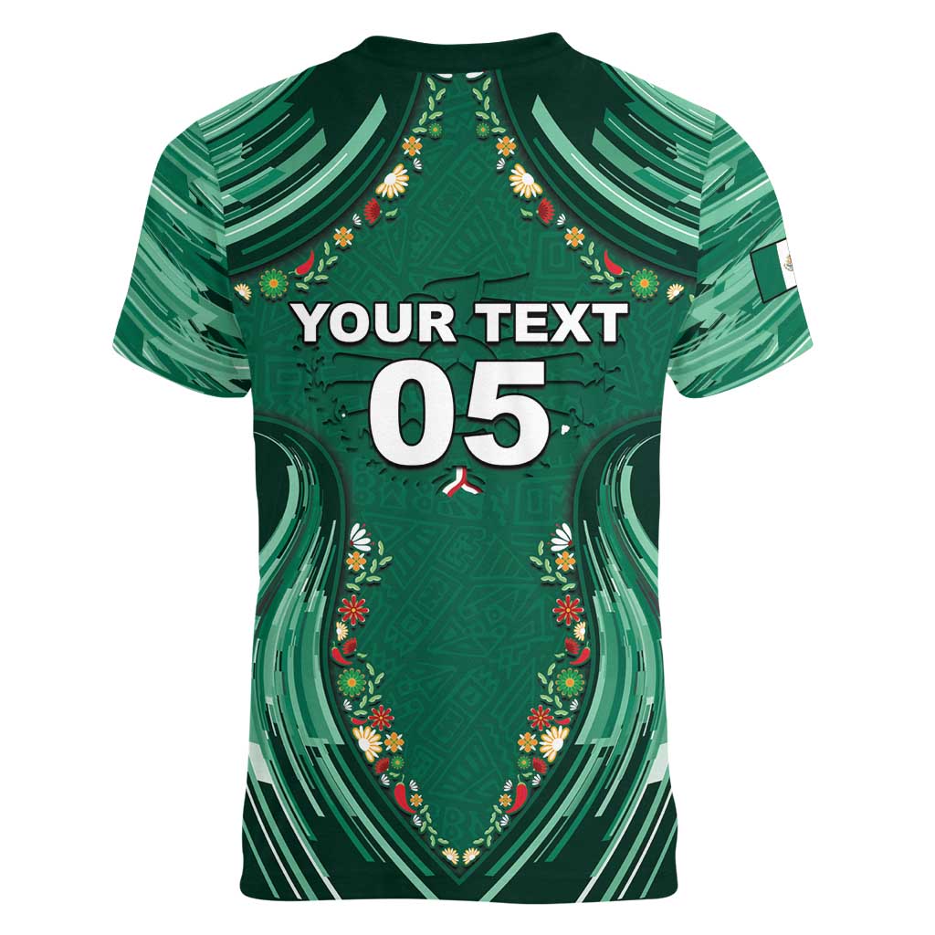 Custom Mexico Football Women V-Neck T-Shirt Aztec Eagle With Mini Floral Patterns